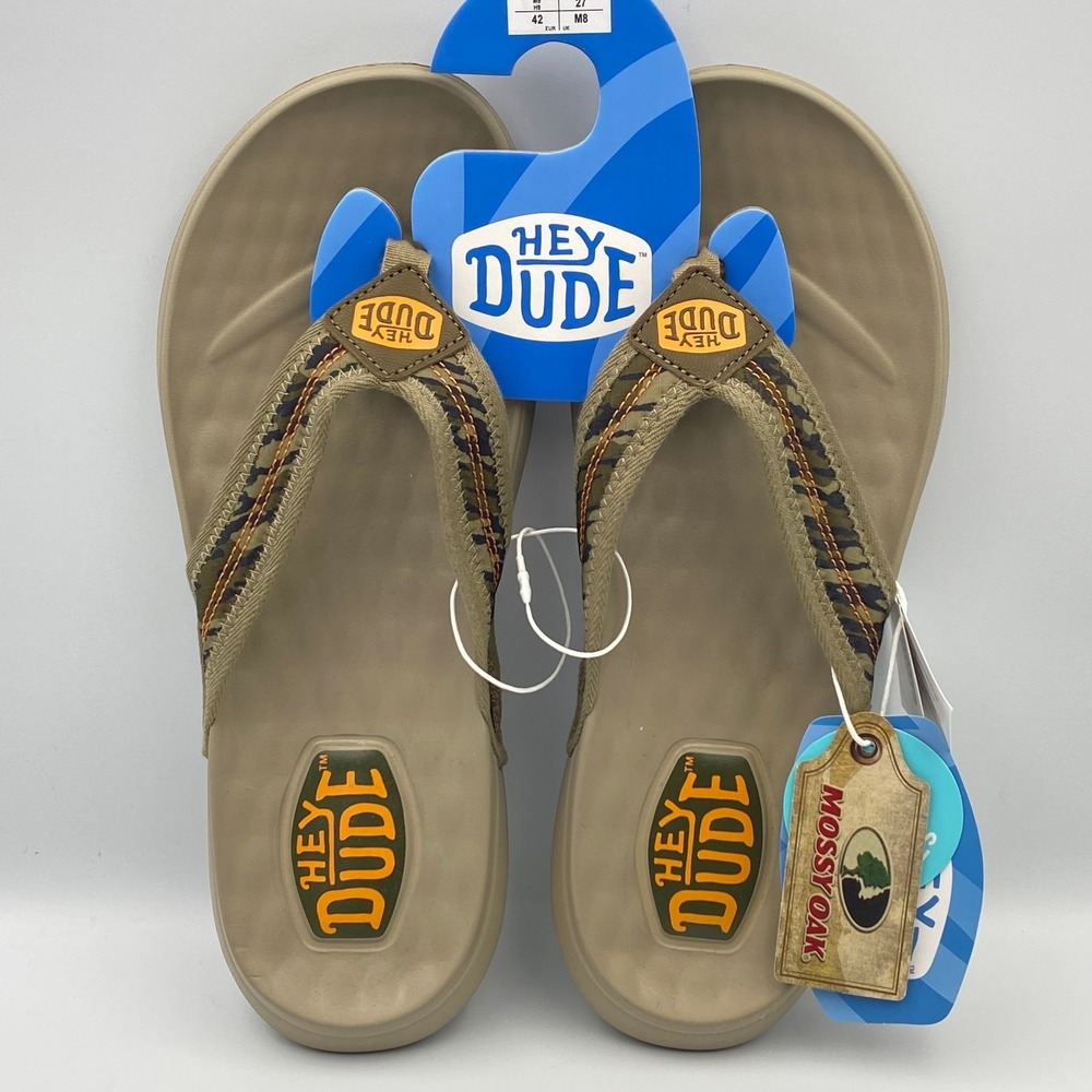 Hey Dude Men's 9 Myers Mossy Oak Flip Flops Camo Brown Comfort Sandals NEW